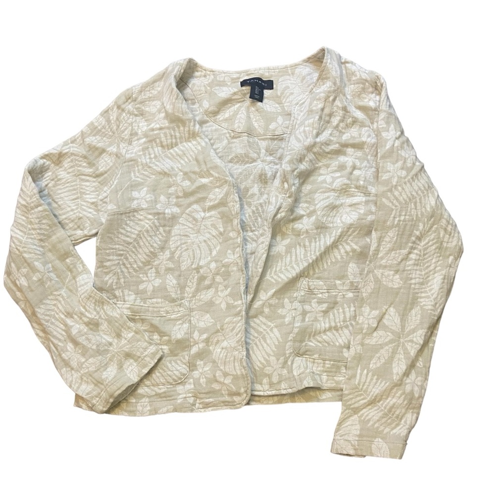 Tahari Linen Blend Leaf Print Cardigan | Tahari Sweater | Tahari Blazer